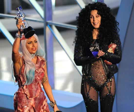In 2010, Lady Gaga, in her infamous meat dress, accepted one of her many awards of the night from Cher.
In 2010, Lady Gaga, in her infamous meat dress, accepted one of her many awards of the night from Cher.