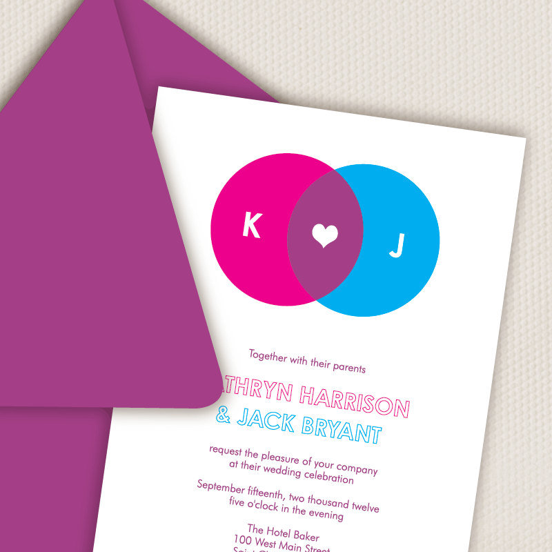 Take a cue from your old geometry days and geek up your paper goods with colorful Venn diagram invitations ($3 each).
Take a cue from your old geometry days and geek up your paper goods with colorful Venn diagram invitations ($3 each).