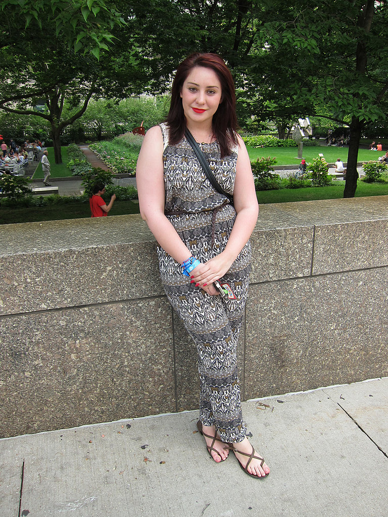 One of the most daring style choices you can make at a hot, outdoor Summer festival is wearing pants. Isabel's printed Forever 21 jumpsuit, cinched with a woven belt, was both bold and refreshing.
One of the most daring style choices you can make at a hot, outdoor Summer festival is wearing pants. Isabel's printed Forever 21 jumpsuit, cinched with a woven belt, was both bold and refreshing.