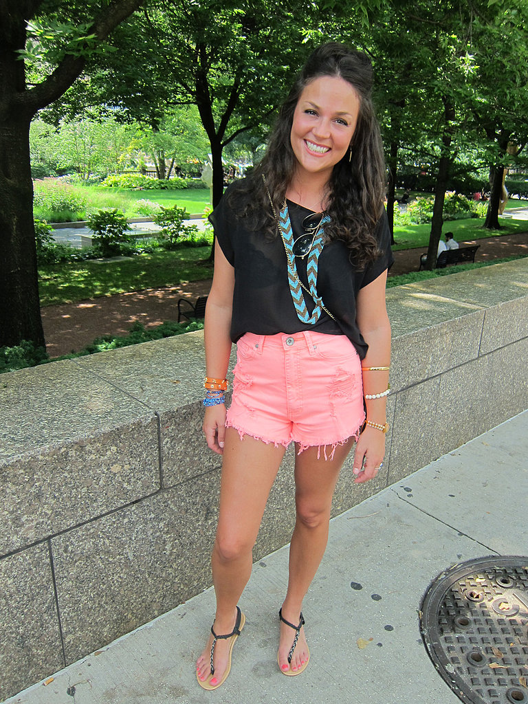 For a feminine approach to fest fashion, Hannah opted for pale-pink high-waisted denim cutoffs. For a sexier spin, she matched them with a sheer black tee that showed off a well-paired black lace bra.
For a feminine approach to fest fashion, Hannah opted for pale-pink high-waisted denim cutoffs. For a sexier spin, she matched them with a sheer black tee that showed off a well-paired black lace bra.