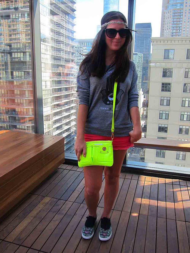 At a MAC Lollapalooza rooftop party, Katie showed how much fun it is to wear festival merchandise. She paired her sweatshirt with a neon yellow Marc by Marc Jacobs bag and BucketFeet owl-print shoes.
At a MAC Lollapalooza rooftop party, Katie showed how much fun it is to wear festival merchandise. She paired her sweatshirt with a neon yellow Marc by Marc Jacobs bag and BucketFeet owl-print shoes.