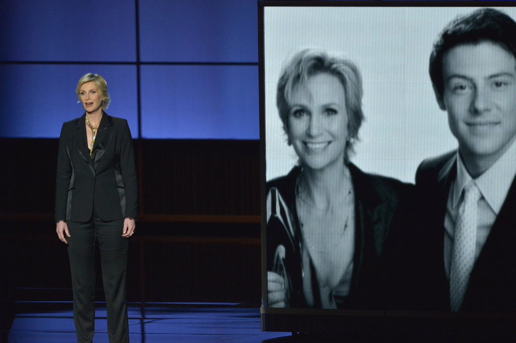 Jane Lynch gave a touching tribute to Glee's Cory Monteith in 2013.
Jane Lynch gave a touching tribute to Glee's Cory Monteith in 2013.