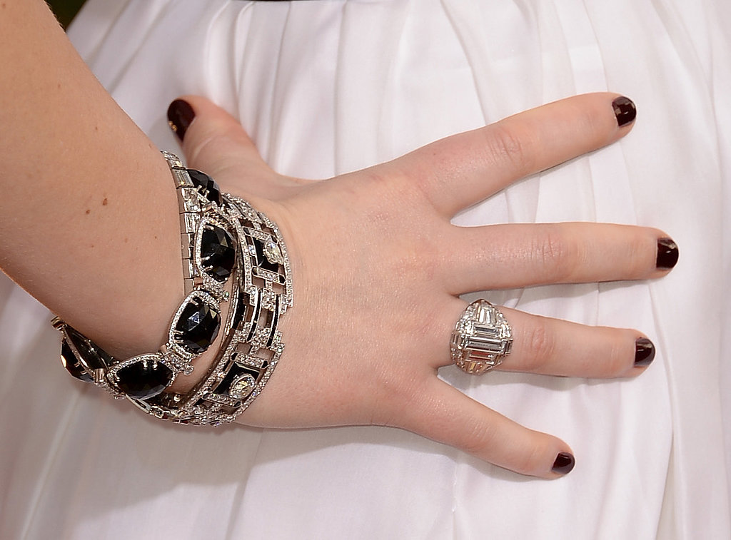 Jennifer Lawrence wore layered diamond bracelets and an antique-looking cocktail ring from Neil Lane.
Jennifer Lawrence wore layered diamond bracelets and an antique-looking cocktail ring from Neil Lane.