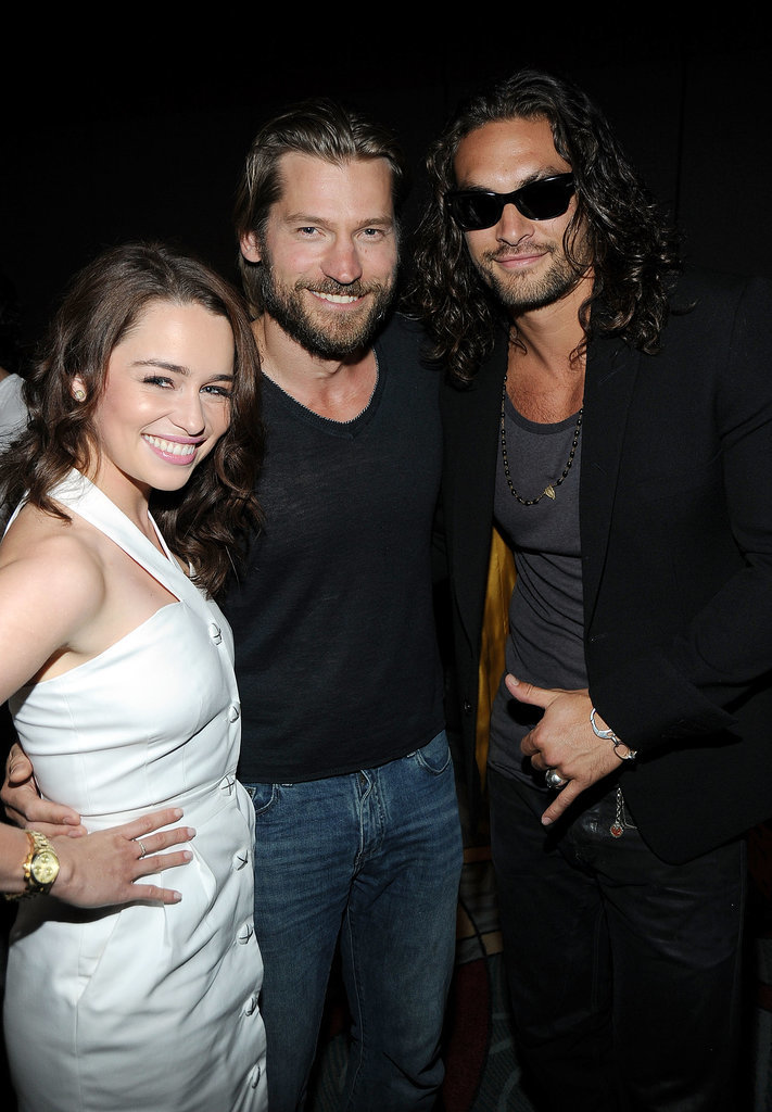 Game of Thrones stars Emilia Clarke, Nikolaj Coster-Waldau, and Jason Momoa posed together at the HBO panel in 2011.
Game of Thrones stars Emilia Clarke, Nikolaj Coster-Waldau, and Jason Momoa posed together at the HBO panel in 2011.
