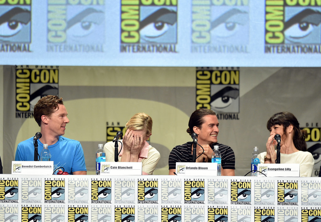 Facepalm! Cate Blanchett was laughing during The Hobbit: The Battle of the Five Armies panel with costars Benedict Cumberbatch, Orlando Bloom, and Evangeline Lilly on Saturday.
Facepalm! Cate Blanchett was laughing during The Hobbit: The Battle of the Five Armies panel with costars Benedict Cumberbatch, Orlando Bloom, and Evangeline Lilly on Saturday.