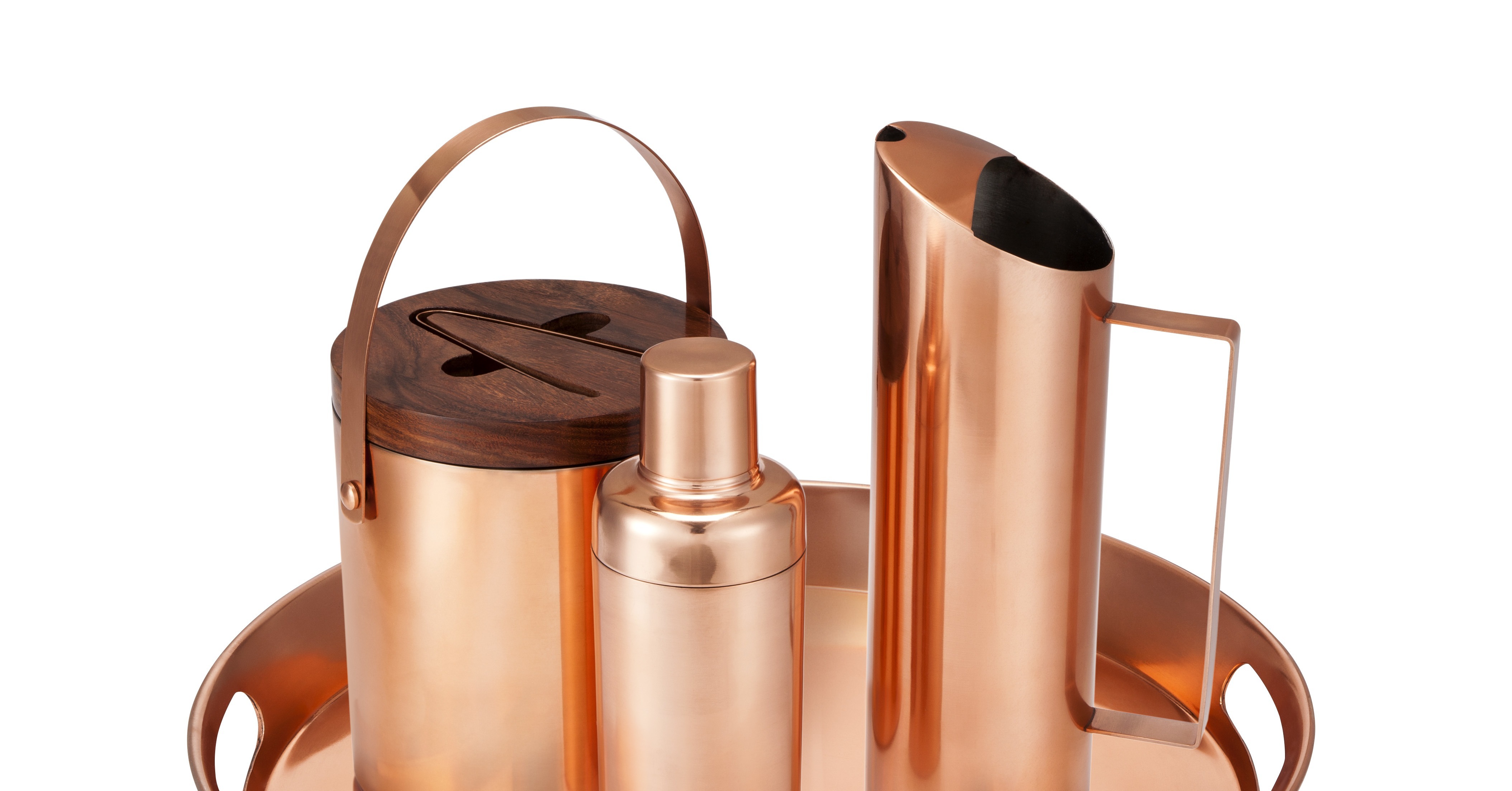 Copper ice bucket (30), cocktail shaker (15), pitcher (20), and