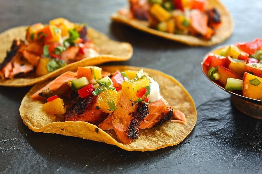 Grilled Salmon Tacos With Peach and Cucumber Salsa Grilled Salmon Tacos With Peach and Cucumber Salsa