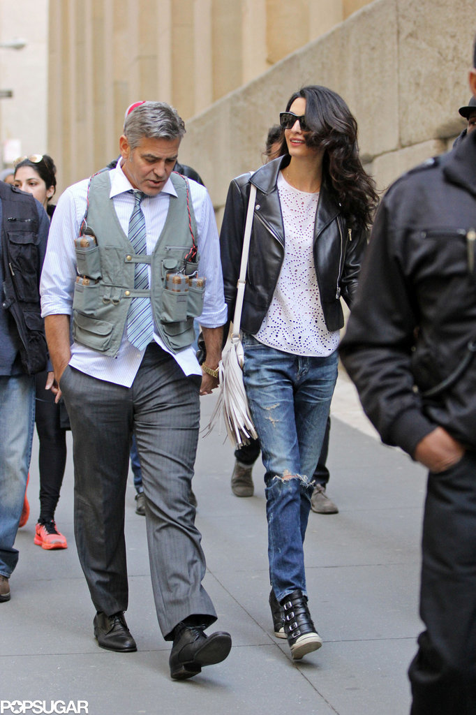 Amal and EINSTEIN!!! (and a blonde pooch) visit George on set, 4-12-15 Amal-Alamuddin-Visits-George-Clooney-Set-His-Dog