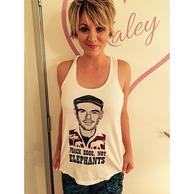 Kaley Cuoco wore her "Poach eggs, not elephants" tank.<br /><br /><br /><br /><br />
