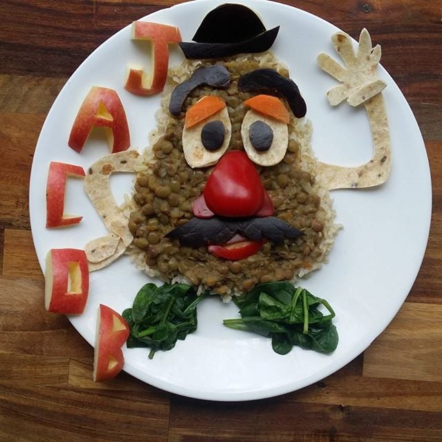 Mr. Potato Head lentils with carrot and spinach.<br />