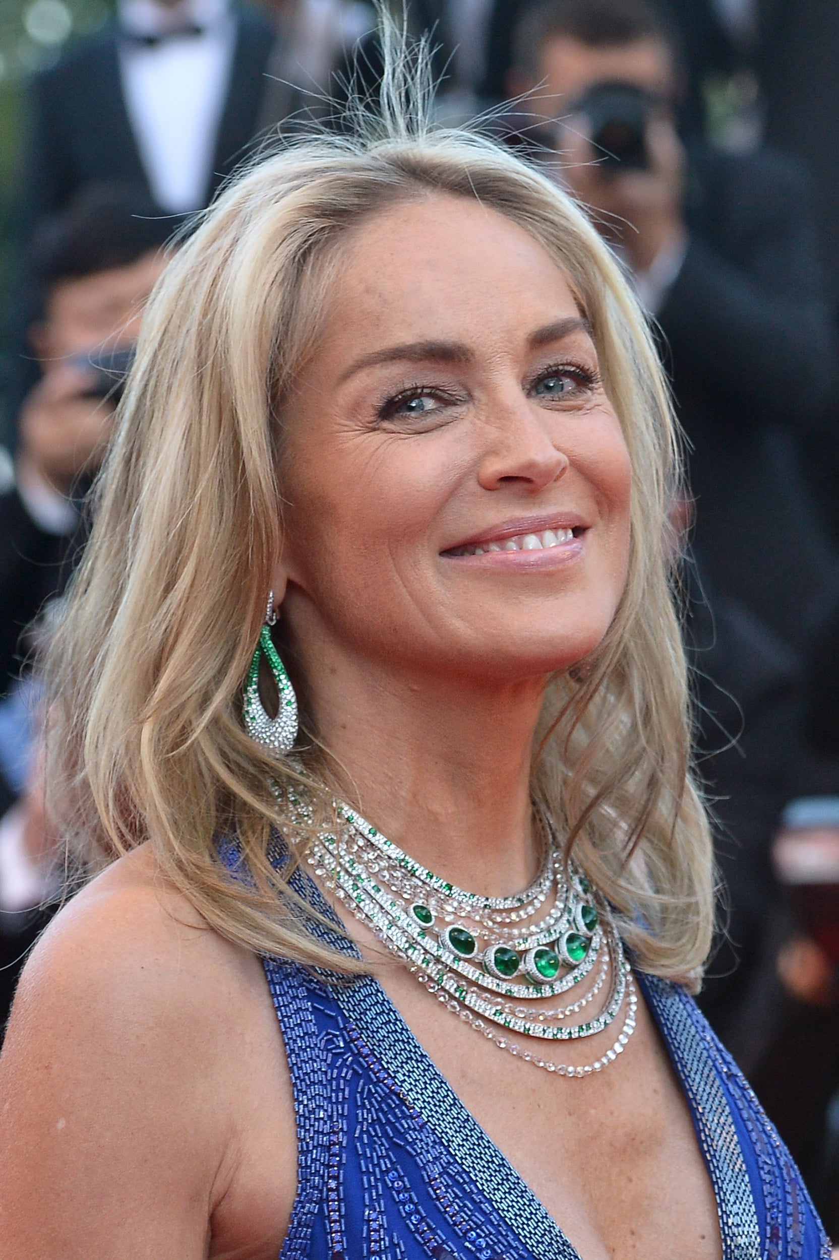 Sharon Stone made a statement in a large emerald and diamond necklace