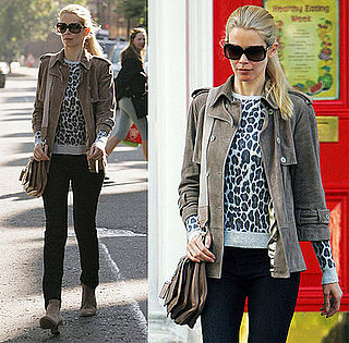 Claudia Schiffer in London Wearing Leopard Sweater and Tan Suede Jacket Claudia Schiffer in London Wearing Leopard Sweater and Tan Suede Jacket