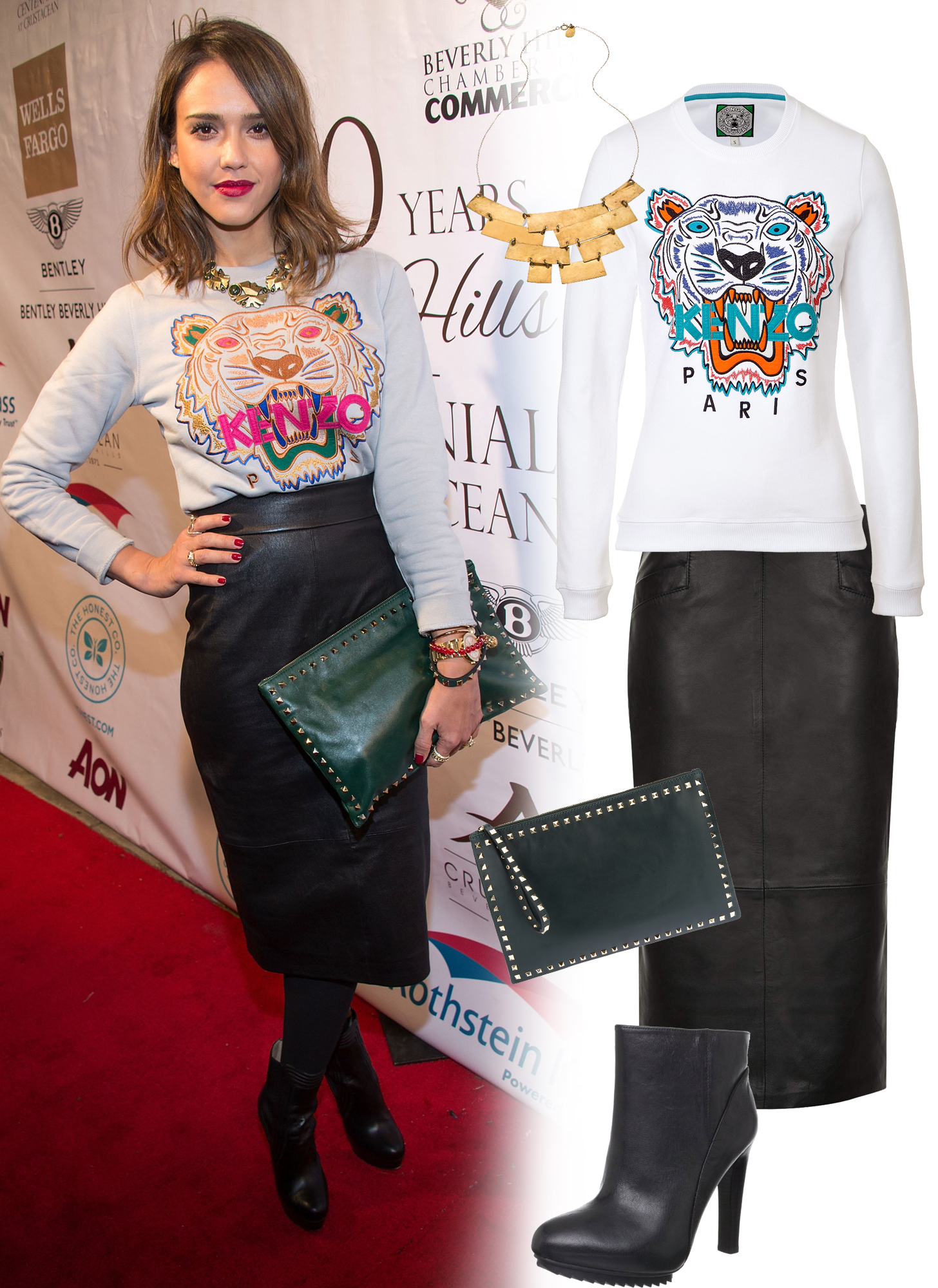 Jessica Alba Kenzo Tiger Sweatshirt and Leather Pencil Skirt | POPSUGAR ...