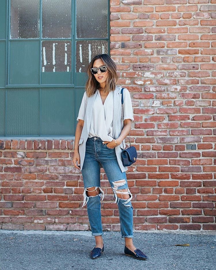 A White Top, Distressed Boyfriend Jeans, a Waistcoat, and Loafers | 100 ...