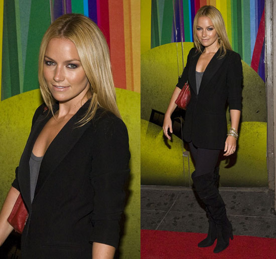 Actress Becki Newton Wears a Blazer and Over the Knee Boots to 